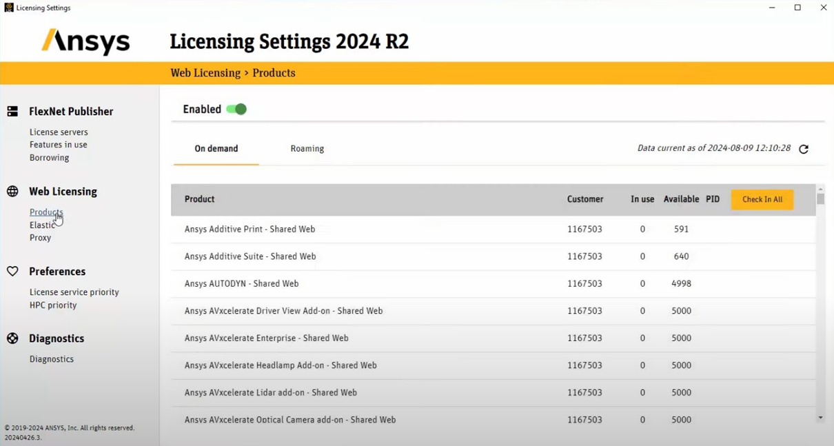 Ansys Share Web Licensing Settings